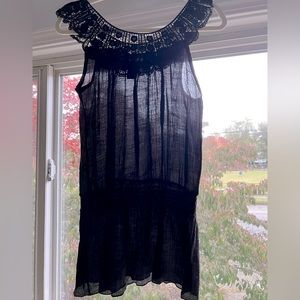 Black crochet neck & gauzy sleeveless top